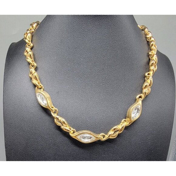 Gold Plated Chain Necklace W/ Marquise-Cut Clear Stones Adjustable Clasp 18" - Picture 2 of 16